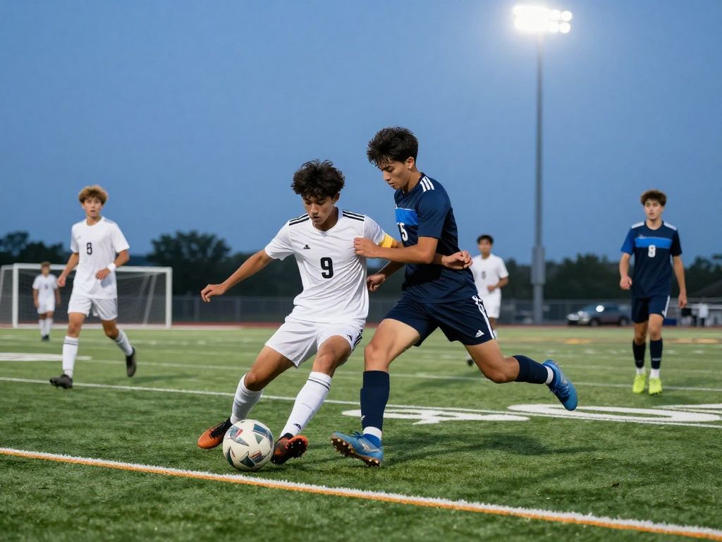 Players in a high school soccer match competing for the ball.