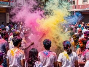 Participants enjoying the Holi Festival with vibrant colors