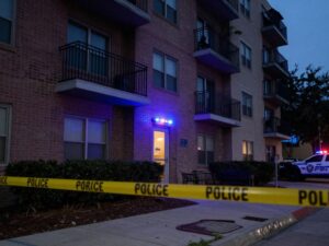 Police investigation scene at downtown Houston apartment