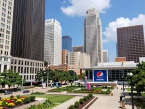 Houston skyline with PepsiCo beverage products
