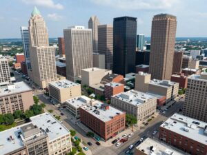 Aerial view of Houston's business district featuring various commercial buildings and active streets.