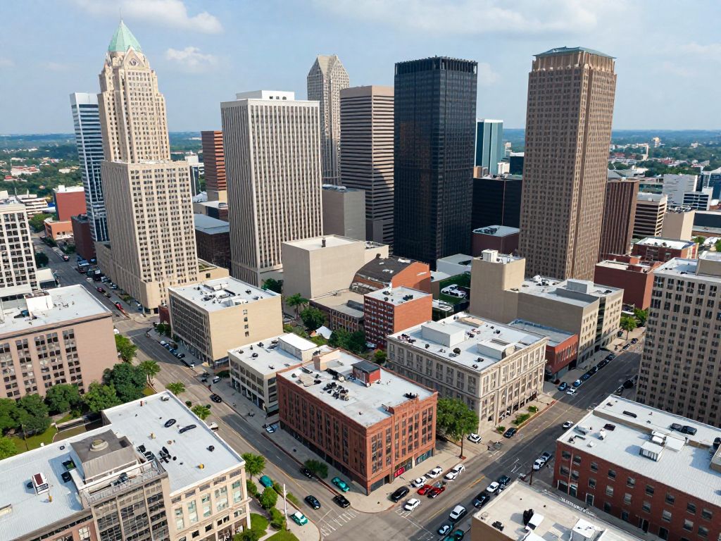 Aerial view of Houston's business district featuring various commercial buildings and active streets.