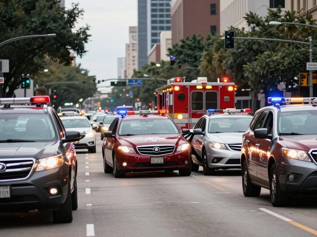 Emergency vehicles at a two-vehicle collision site on South Dairy Ashford Road in Houston