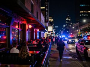 Exterior of the XO club on Washington Avenue in Houston with police presence.