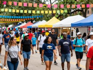 Festival celebrating Houston's diverse community with attendees engaging in cultural activities.