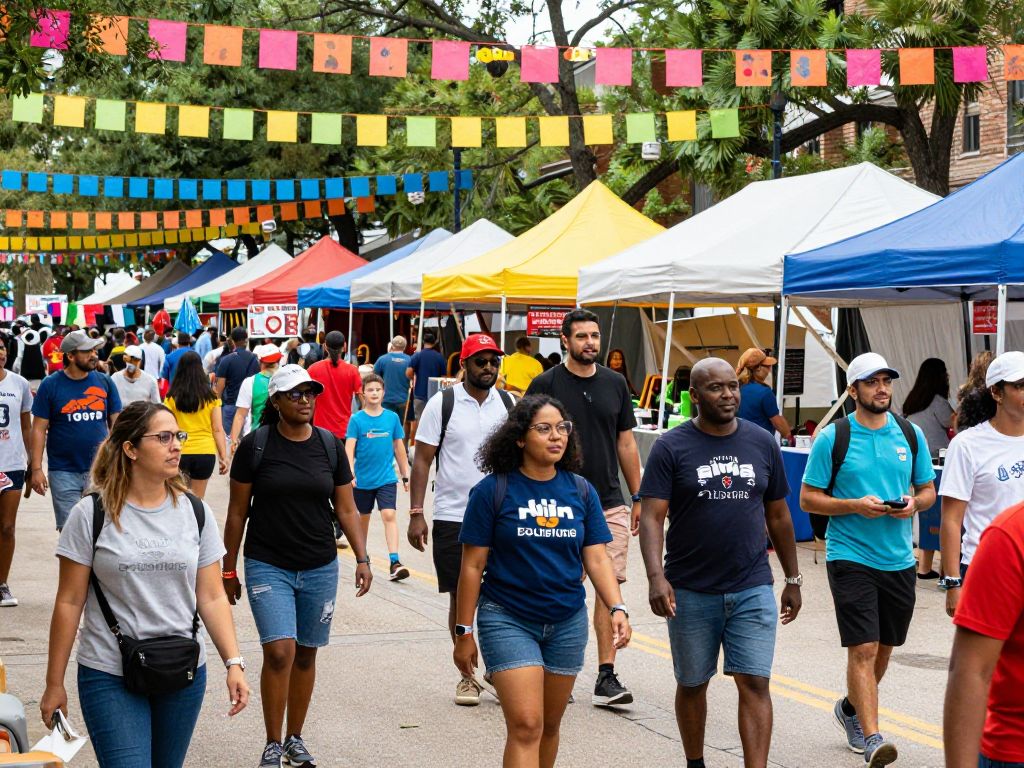 Festival celebrating Houston's diverse community with attendees engaging in cultural activities.