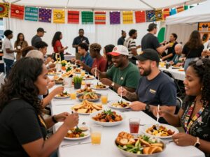 A diverse crowd enjoying a culinary event in Houston, with various dishes and decorations representing the local culture.