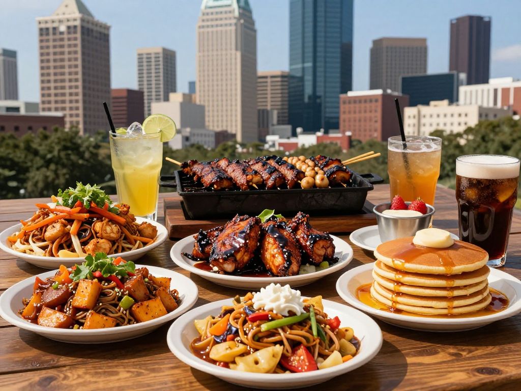 A collage of diverse dishes representing Texas's culinary innovation and tradition.