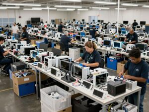 Workers processing electronic waste in a Houston recycling facility.