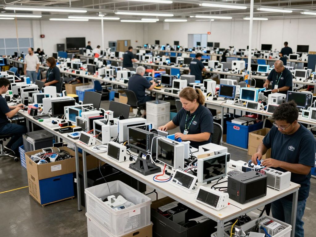Workers processing electronic waste in a Houston recycling facility.