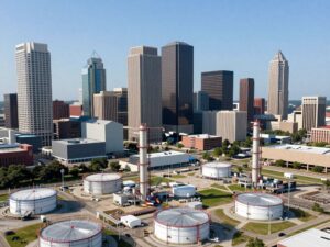 Aerial view of Houston's skyline with energy infrastructure reflecting the city's role in the energy sector.