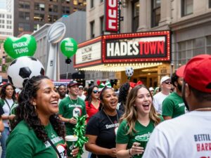 Vibrant scene of Houstonians celebrating Super Bowl LX and the Broadway show 'Hadestown'.