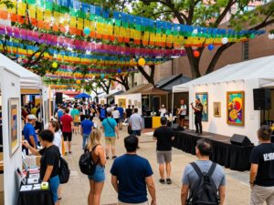 A collage of vibrant events happening in Houston, showcasing festivals, art, and community activities.