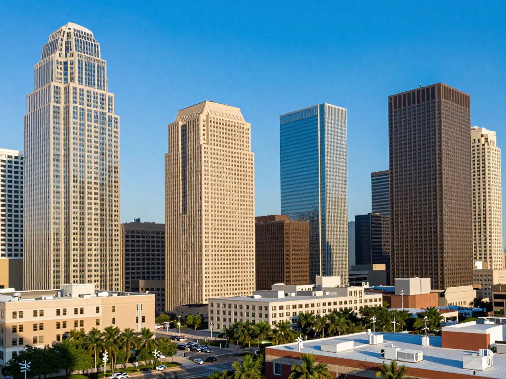 A skyline view of Houston with financial buildings symbolizing growth