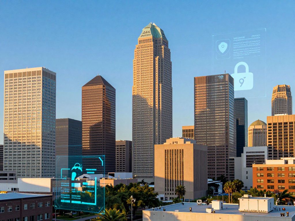 Houston skyline overlaid with digital data compliance symbols