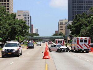 Emergency response at a crash scene on Houston freeway