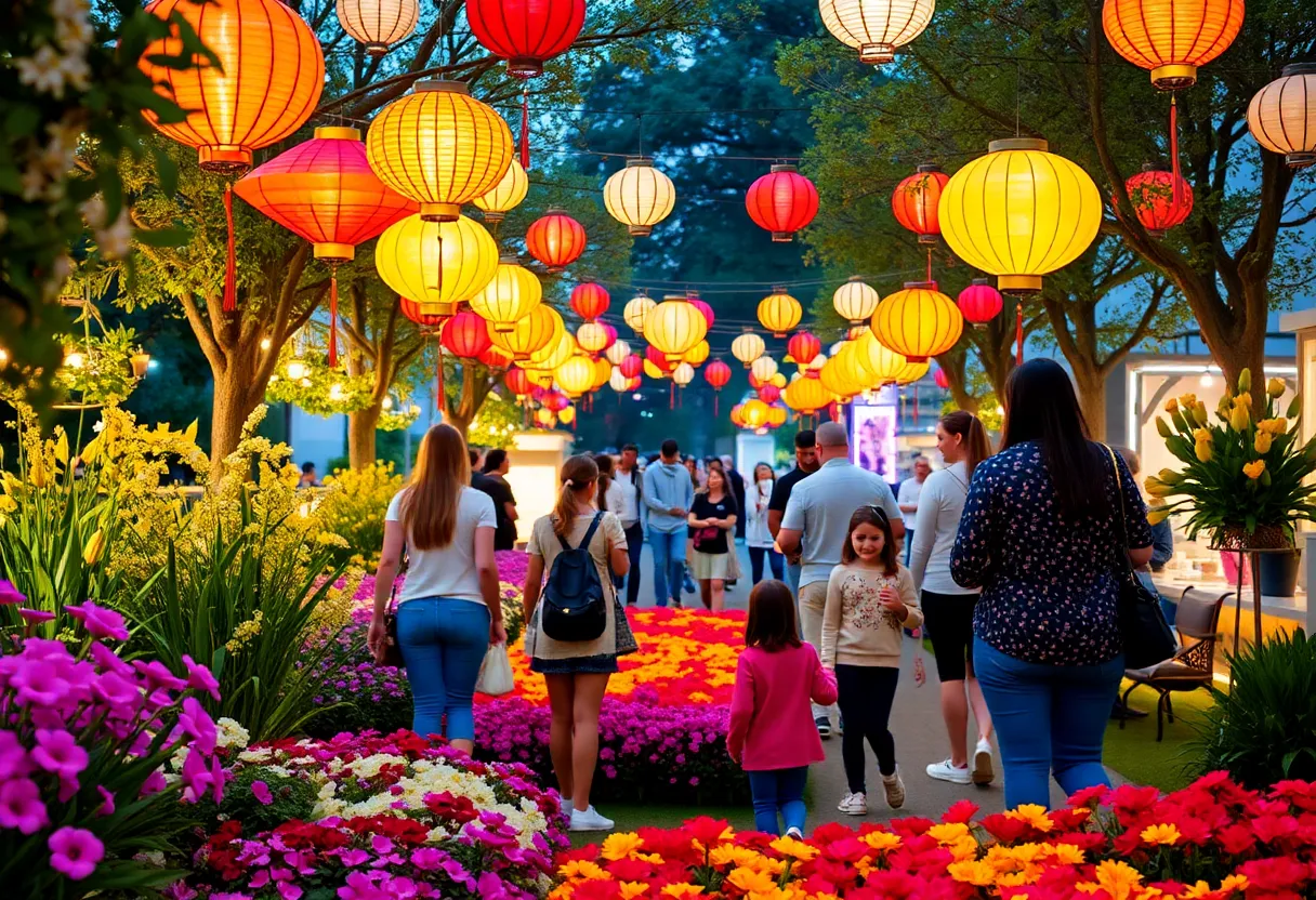 Festive garden event in Houston with decorative lights