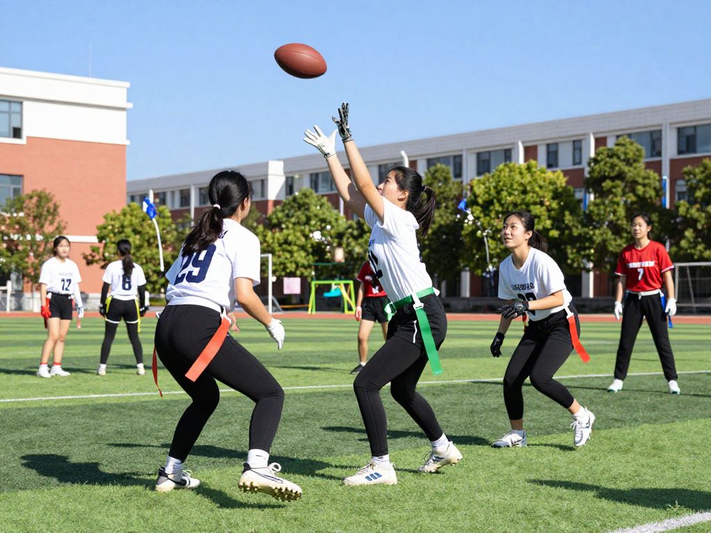 Girls playing flag football on a school field
