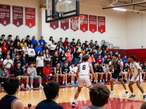 High school basketball game in Houston showing community support and athletes in action.
