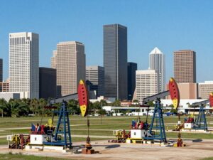 Houston skyline with oilfield services operations