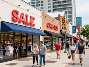 Shoppers in Houston exploring local boutiques during store-closing sales.