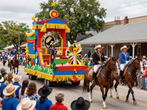 Colorful floats and riders in the Houston Rodeo Parade