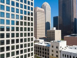 A view of Houston skyline emphasizing clean windows on high-rise buildings