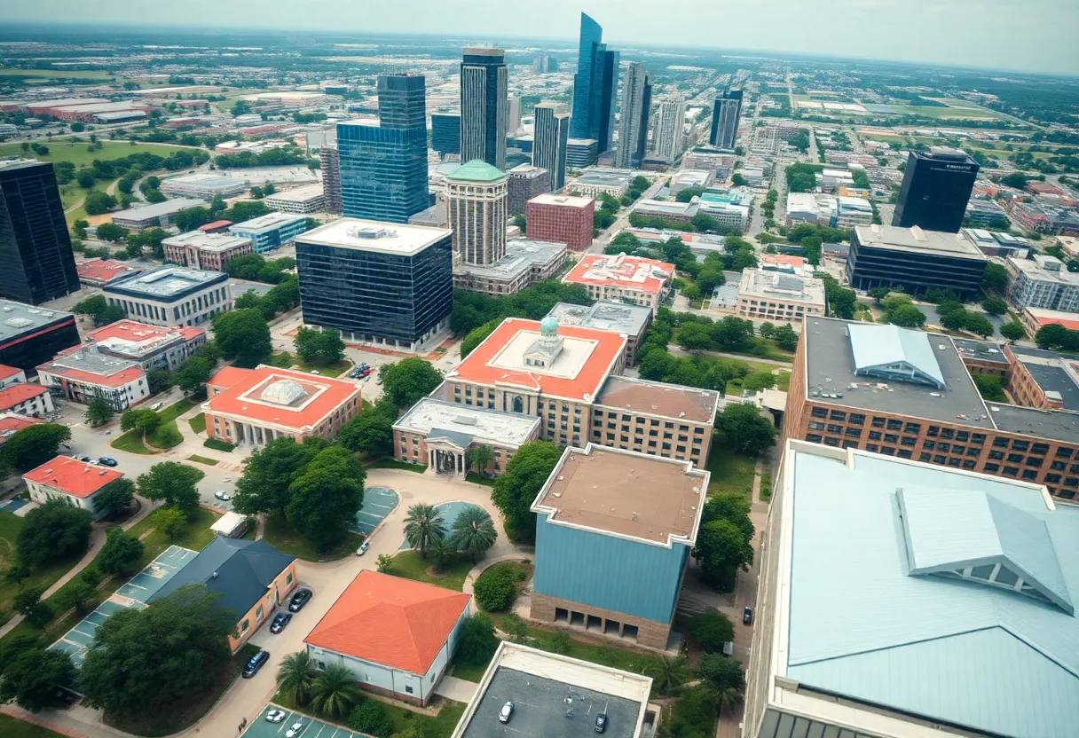 Aerial view of Houston's top-ranked schools with students participating in various activities.