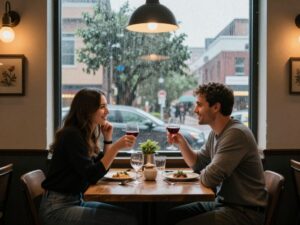 Couples dining in a cozy Houston restaurant on Valentine's Day with rain outside.