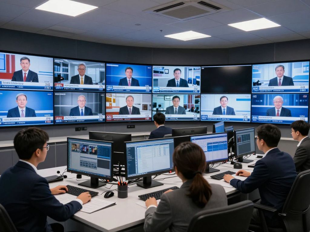 A modern newsroom with technology for video news production.