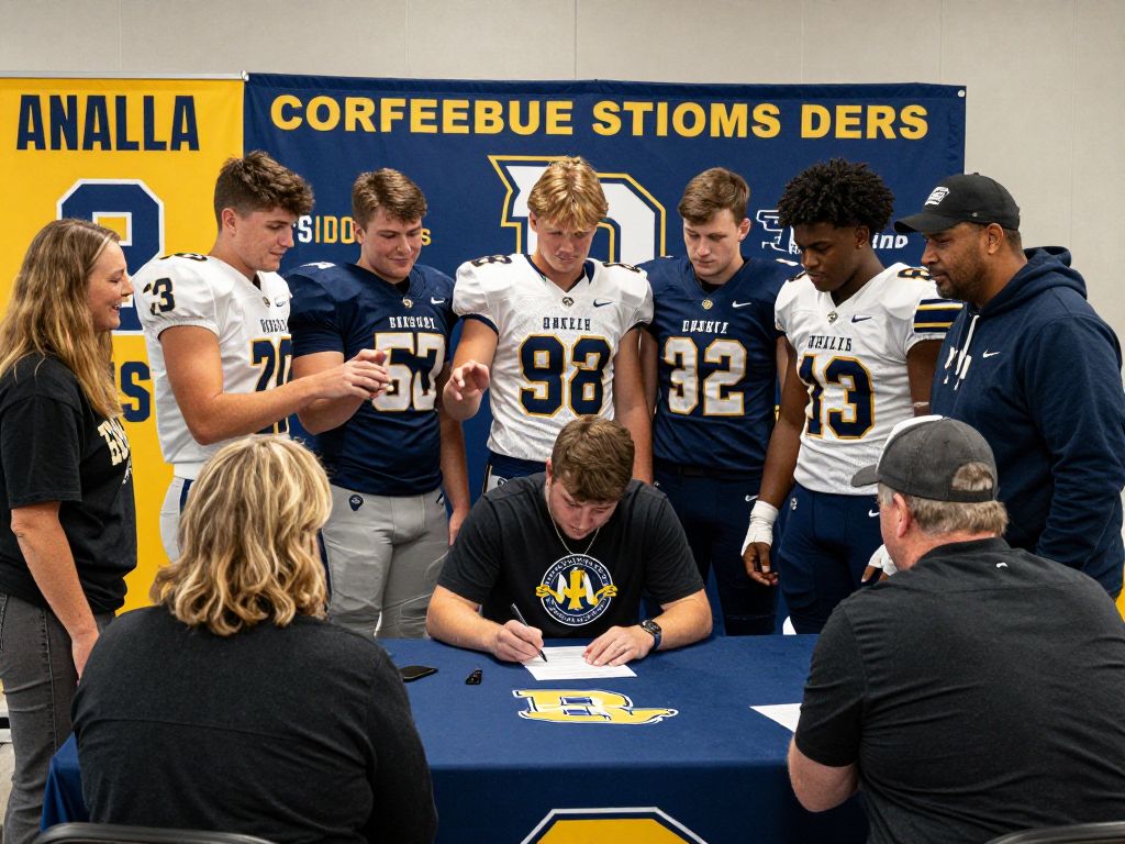 Young athletes celebrating their football commitments during a signing day event.