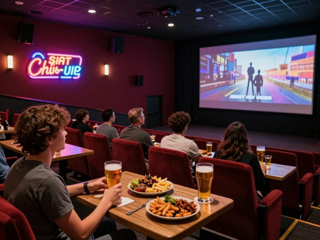 Interior of the newly renovated Katy Drafthouse cinema with patrons enjoying food and drink.