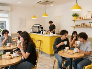 Interior of La La Land Kind Cafe in Katy with customers and cheerful decor