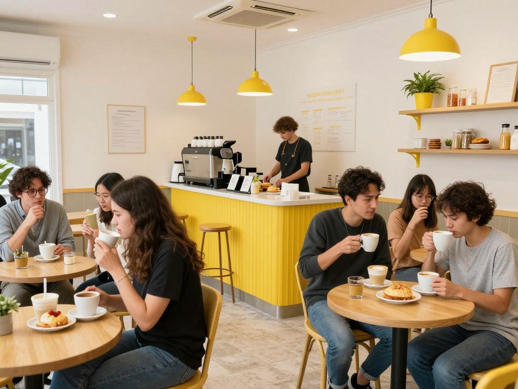 Interior of La La Land Kind Cafe in Katy with customers and cheerful decor