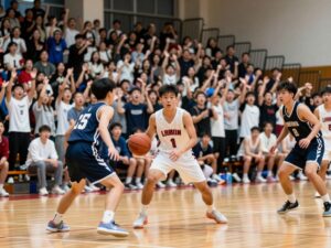 Action shot of high school basketball game with Liberty Hill Panthers