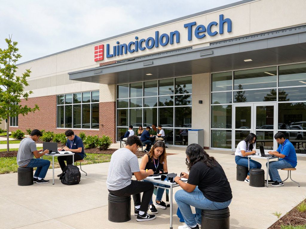 Lincoln Tech campus in Houston with students involved in hands-on training.