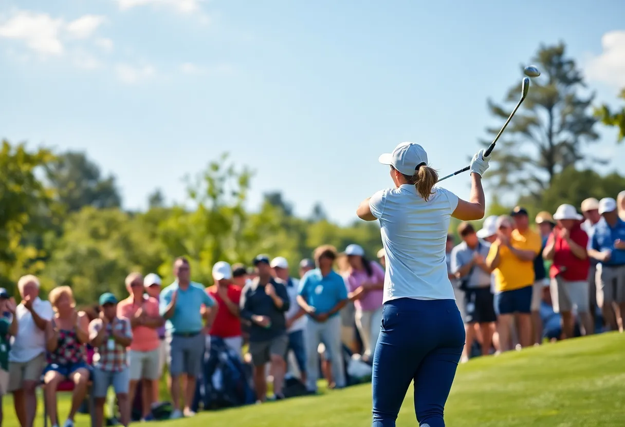Female golfer striking the ball during a tournament.