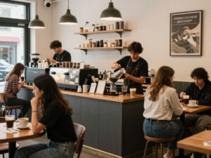 A warm and inviting coffee shop filled with customers enjoying drinks and pastries.