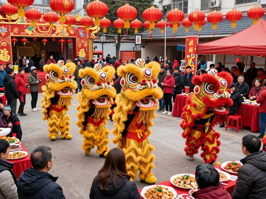 Community members celebrating Lunar New Year with traditional lion dancing and cultural activities.