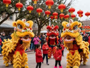 Families celebrating Lunar New Year in Houston with traditional dances and decorations