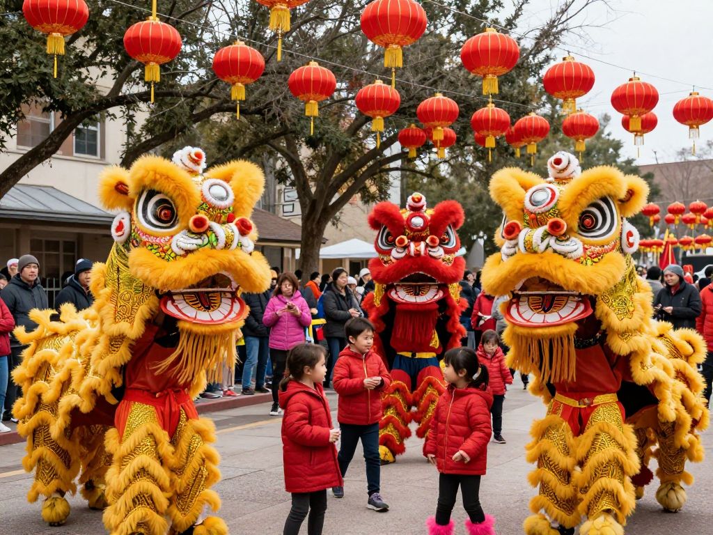 Families celebrating Lunar New Year in Houston with traditional dances and decorations