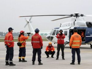 Airport scene depicting emergency responders at a plane crash site.