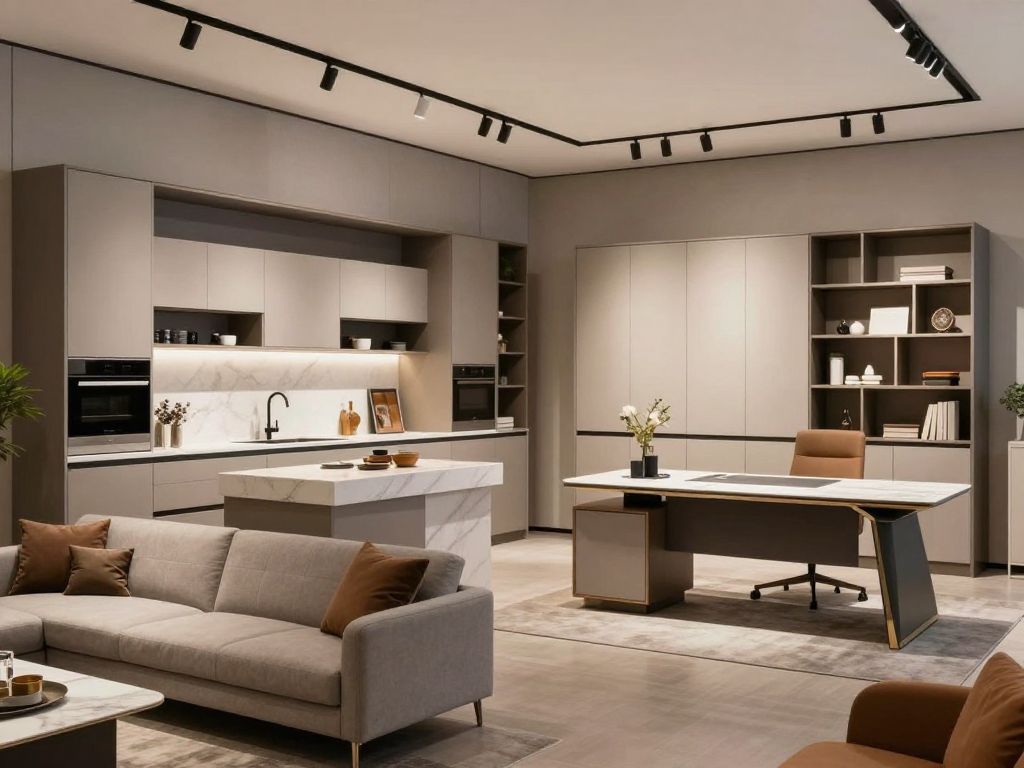 Interior view of Marel Design Mobili showroom showcasing high-end cabinetry and furnishings.