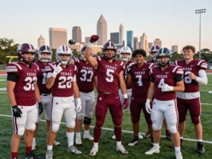 High school football players celebrating their commitment to college football in Texas