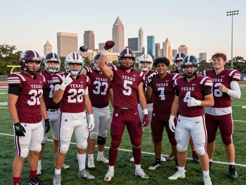 High school football players celebrating their commitment to college football in Texas
