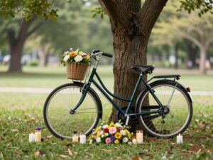 A memorial setup for a young bicyclist with flowers and candles