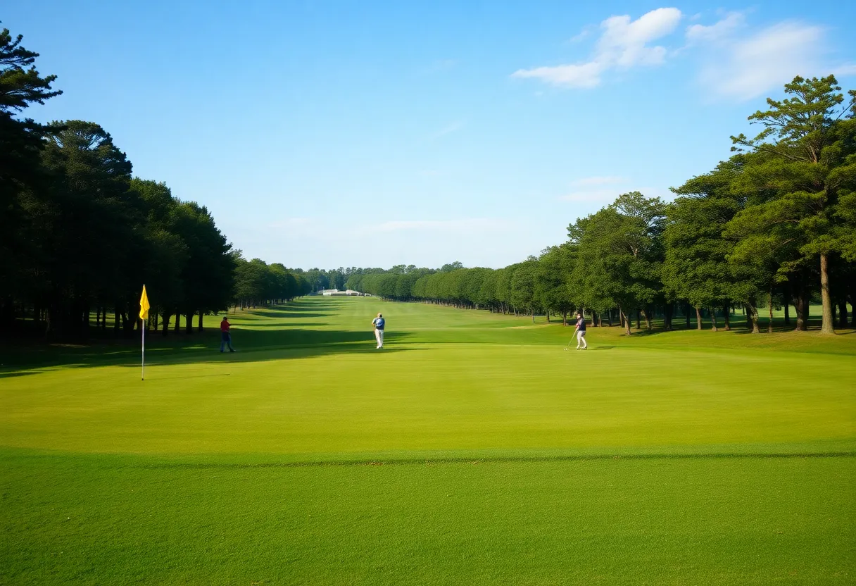 Golf course with players practicing, representing Mississippi State women's golf team