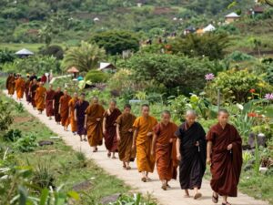 Buddhist monks walking along a peaceful trail