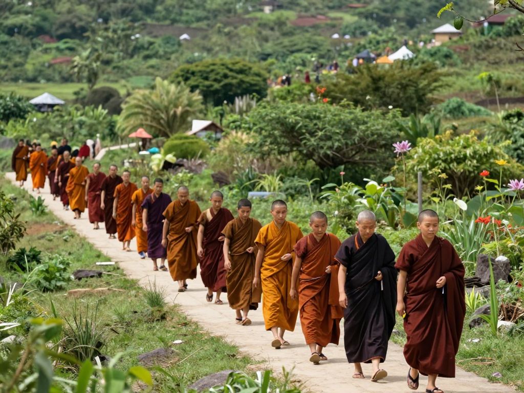 Buddhist monks walking along a peaceful trail
