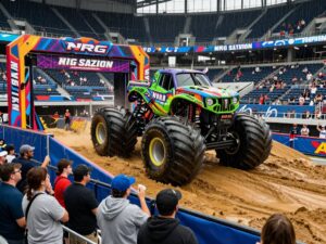 Fans enjoying Monster Jam at NRG Stadium amidst rain